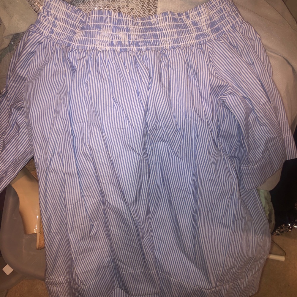 White and blue stripe off the shoulder top